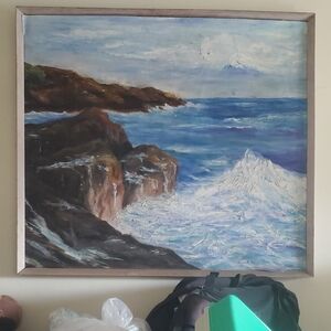 Coastal Landscape Painting with Wooden Frame
